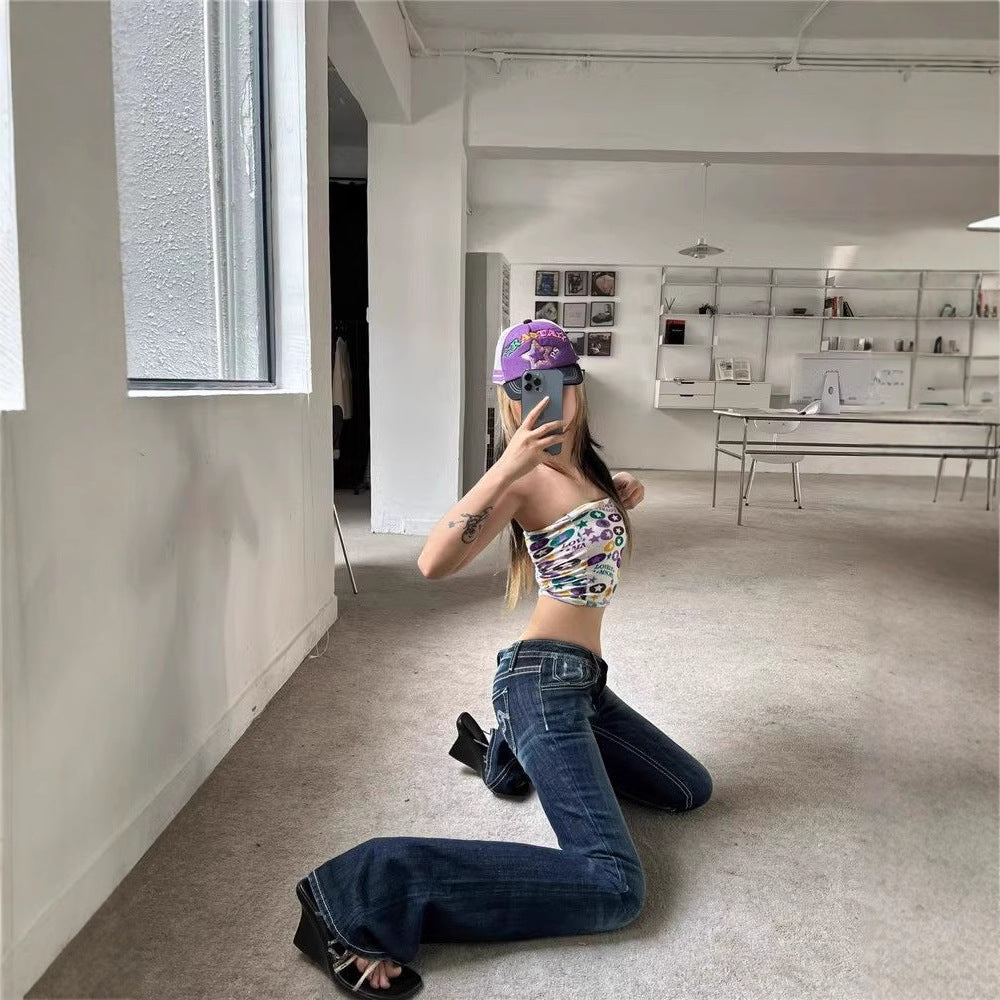 American Style Retro High Street Low Waist Micro-flared Jeans Women's Spring And Autumn 2025 New Slim-fit Stretch Trendy Mop Pants