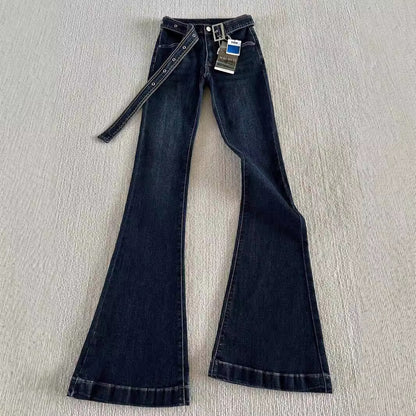 Belt Low Waist Slim-fit Retro Hong Kong-style Micro-flared Jeans Women's Autumn And Winter High-fit Slimming Stretch Trousers