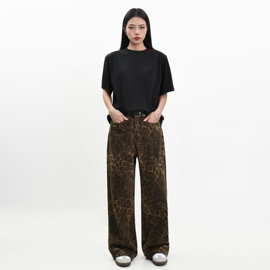 2023 New Original American Retro Leopard Print Jeans Straight Loose Men's And Women's Autumn And Winter Trendy Leopard Print Casual Pants