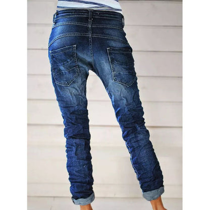 2022 New Product Cross-Border European And American Ripped Denim Drawstring Elastic Waist Washed Casual Pants For Women Trendy
