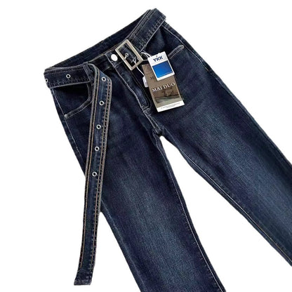 Belt Low Waist Slim-fit Retro Hong Kong-style Micro-flared Jeans Women's Autumn And Winter High-fit Slimming Stretch Trousers