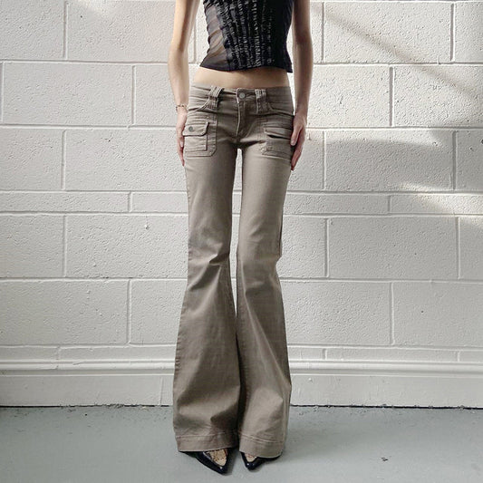 Sexy Spice Girl Low-waisted Slim-fit Slimming Pocket Flared Pants Women's Light Industrial Wear Cool Casual Jeans For Autumn 2024