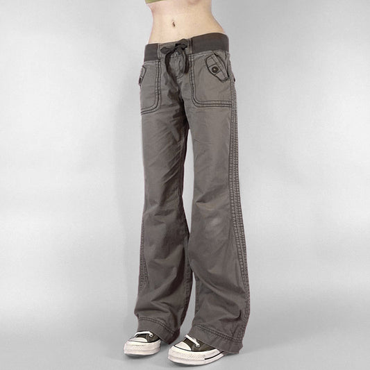 Foreign Trade American Style Retro Street Pocket Hot Girl Straight Tooling Trousers Women's Casual Outdoor Strap Low Waist Jeans