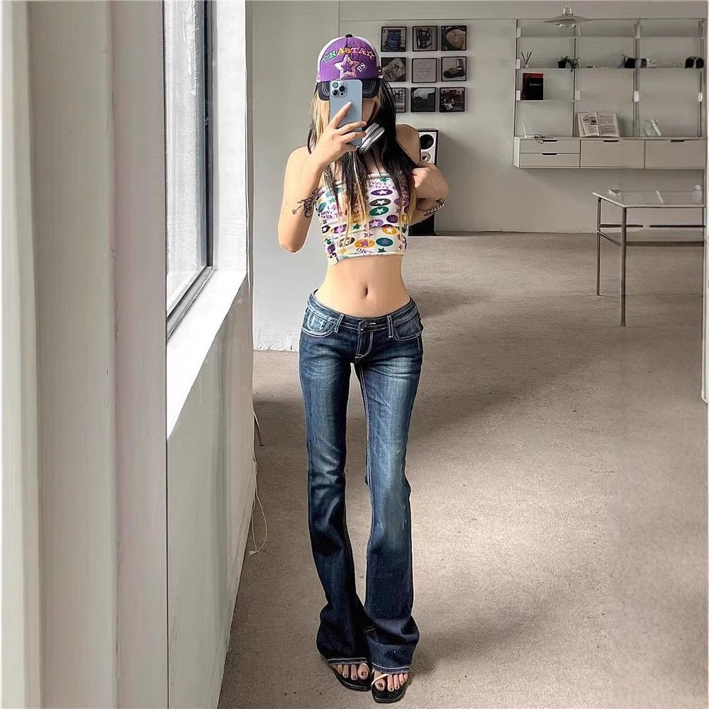 American Style Retro High Street Low Waist Micro-flared Jeans Women's Spring And Autumn 2025 New Slim-fit Stretch Trendy Mop Pants
