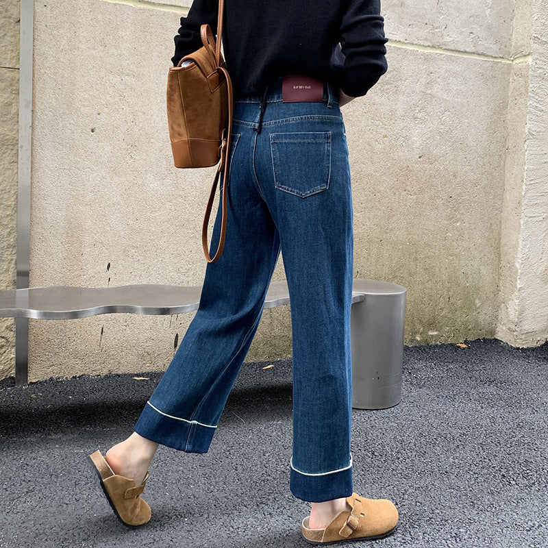 Over The Screen Straight-Leg Pants! Cuffed Contrasting Retro Blue Straight Jeans For Women, Nine-Point Slightly Loose Narrow Wide-Leg Pants