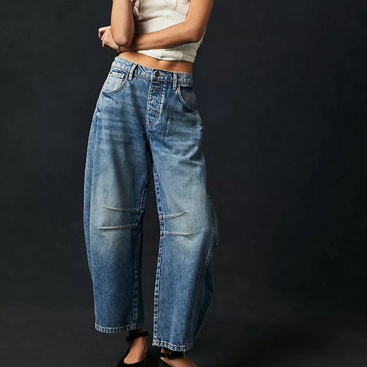 2025 European And American Cross-Border Temu Fashionable Casual Women's Loose Wide-Leg Pants Mid-Low Waist Washed Denim Pants