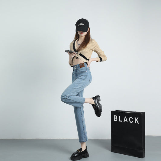 2025 Spring And Summer Hot Style Tall And Slim Straight-Leg Nine-Point Jeans Women's Fashionable High Waist Leg-Length Cigarette Pants