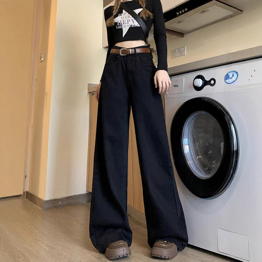 Spring New Design Black Retro Wide-Leg Jeans For Women High-Waisted Loose Slimming Straight-Leg Floor-Length Trousers