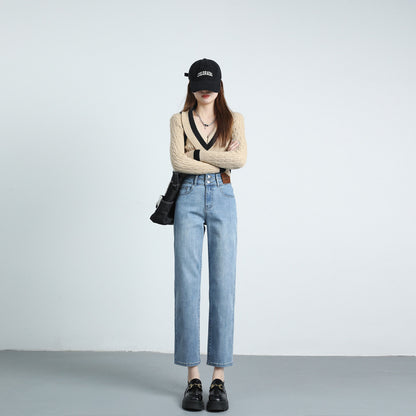 2025 Spring And Summer Hot Style Tall And Slim Straight-Leg Nine-Point Jeans Women's Fashionable High Waist Leg-Length Cigarette Pants