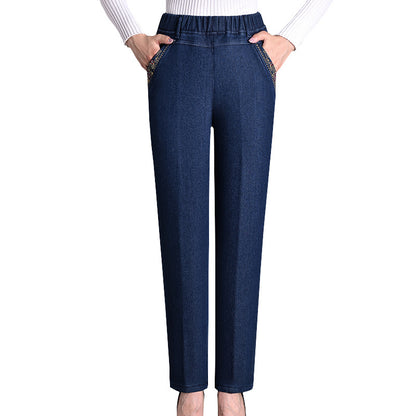 Spring And Summer Thin Jeans Women's Loose Elastic Waist Elastic Mom Casual High Waist Middle-aged And Elderly Fleece-lined Dark Women's Pants