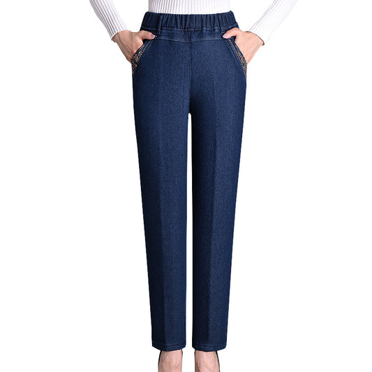 Spring And Summer Thin Jeans Women's Loose Elastic Waist Elastic Mom Casual High Waist Middle-aged And Elderly Fleece-lined Dark Women's Pants