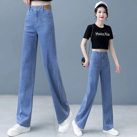 Ice Silk Wide Leg Jeans Women's 2026 New High Waist Slim Pants Summer Thin Tencel Drape Straight-Leg Pants