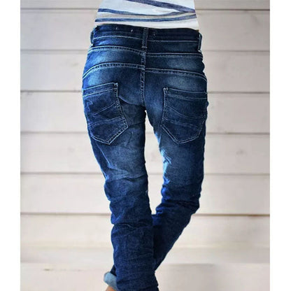 2022 New Product Cross-Border European And American Ripped Denim Drawstring Elastic Waist Washed Casual Pants For Women Trendy