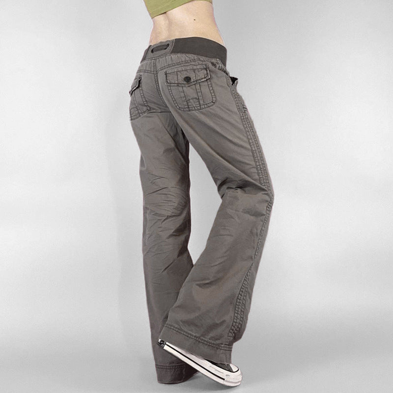 Foreign Trade American Style Retro Street Pocket Hot Girl Straight Tooling Trousers Women's Casual Outdoor Strap Low Waist Jeans