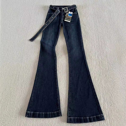 Belt Low Waist Slim-fit Retro Hong Kong-style Micro-flared Jeans Women's Autumn And Winter High-fit Slimming Stretch Trousers