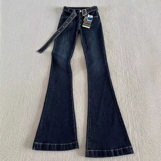 Belt Low Waist Slim-fit Retro Hong Kong-style Micro-flared Jeans Women's Autumn And Winter High-fit Slimming Stretch Trousers