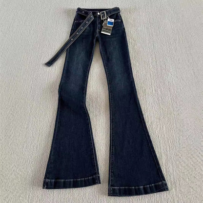 Belt Low Waist Slim-fit Retro Hong Kong-style Micro-flared Jeans Women's Autumn And Winter High-fit Slimming Stretch Trousers