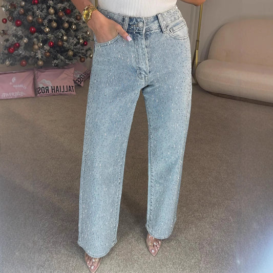 Foreign Trade European And American Amazon Women's Full Diamond Washed Jeans Women's High-End High-Waisted Straight Pants Sexy Pants