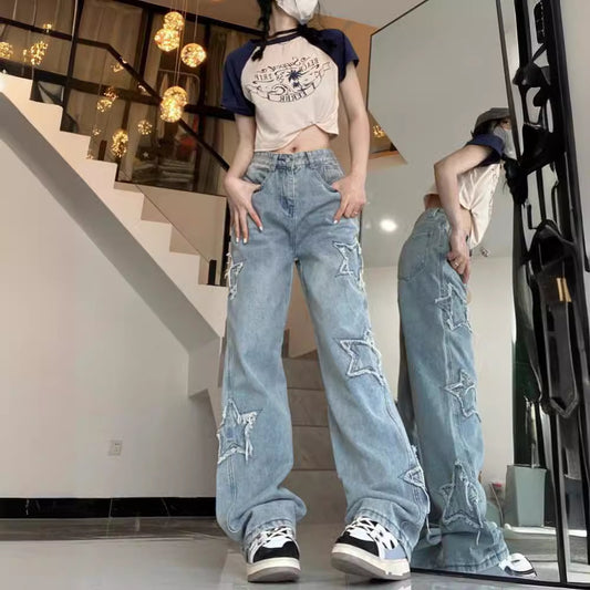 Five-Pointed Star Patch Jeans For Women Spring And Summer New Embroidered High-Waisted Loose Wide-Leg Pants Straight-Leg Floor-Length Pants Trendy