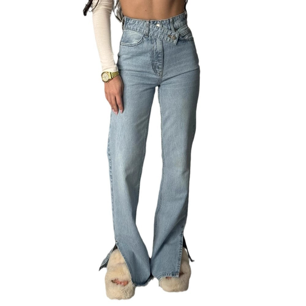 American-style Retro Niche Design Irregular Trousers Slim-fit Slimming Hip Wrap Trousers Leg Split Horn Jeans Women