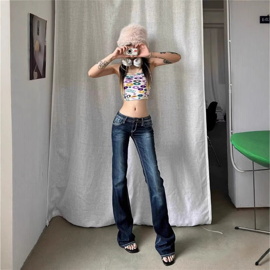 American Style Retro High Street Low Waist Micro-flared Jeans Women's Spring And Autumn 2025 New Slim-fit Stretch Trendy Mop Pants