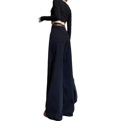 Spring New Design Black Retro Wide-Leg Jeans For Women High-Waisted Loose Slimming Straight-Leg Floor-Length Trousers
