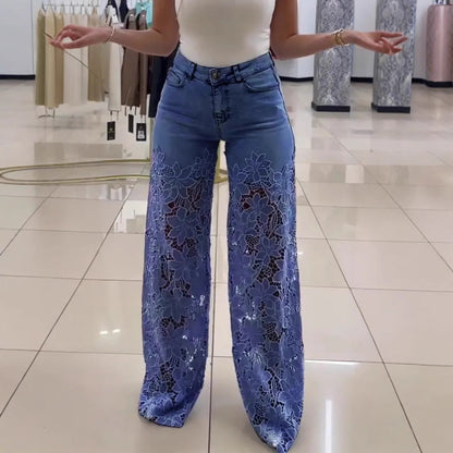 2025 High-Waisted Wide-Leg Pants For Women, Spring And Summer Fashion, Versatile, Hollow Lace Splicing Denim Draped Pants