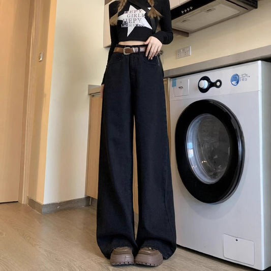 Spring New Design Black Retro Wide-Leg Jeans For Women High-Waisted Loose Slimming Straight-Leg Floor-Length Trousers