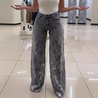 2025 High-Waisted Wide-Leg Pants For Women, Spring And Summer Fashion, Versatile, Hollow Lace Splicing Denim Draped Pants