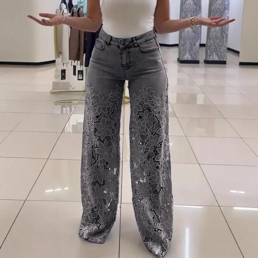 2025 High-Waisted Wide-Leg Pants For Women, Spring And Summer Fashion, Versatile, Hollow Lace Splicing Denim Draped Pants