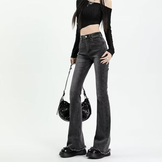 Black And Gray Raw Edge Bootcut Jeans For Women In Spring & Fall Guangzhou Supply High Waist Slimming Look Large Size Elastic Flared Horseshoe Pants