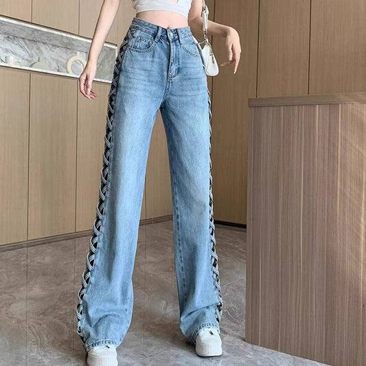 American-style Hollow-out Wide-leg Jeans Women's Spring/Summer 2024 Design Sense Slim-fit All-match Thin High Waist Trousers