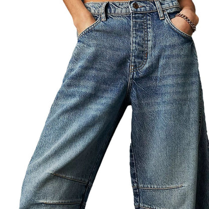 2025 European And American Cross-Border Temu Fashionable Casual Women's Loose Wide-Leg Pants Mid-Low Waist Washed Denim Pants