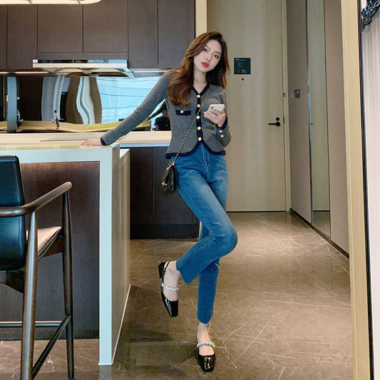 Straight-Leg Jeans, Slim Fit Nine-Point Pants, Frayed Cigarette Pants, Baguette Versatile Retro High-Waisted Pants