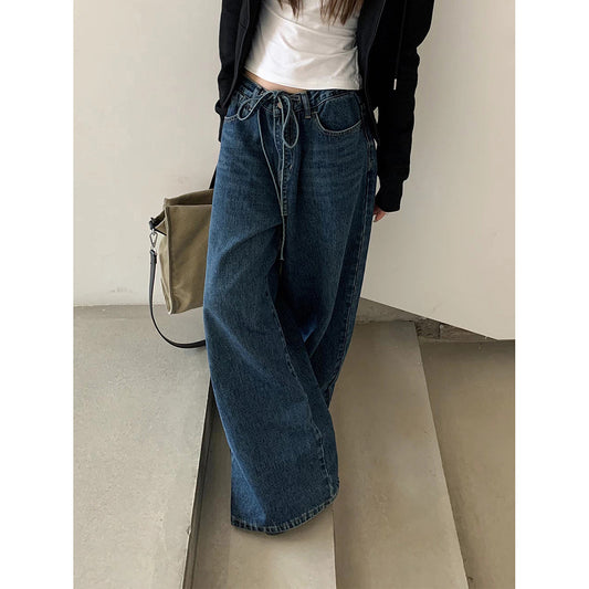 Yuyi New 2024 Spring Lazy Style Drawstring Pants Women's Loose And Easiest For Match Wide Leg Jeans Women 6033