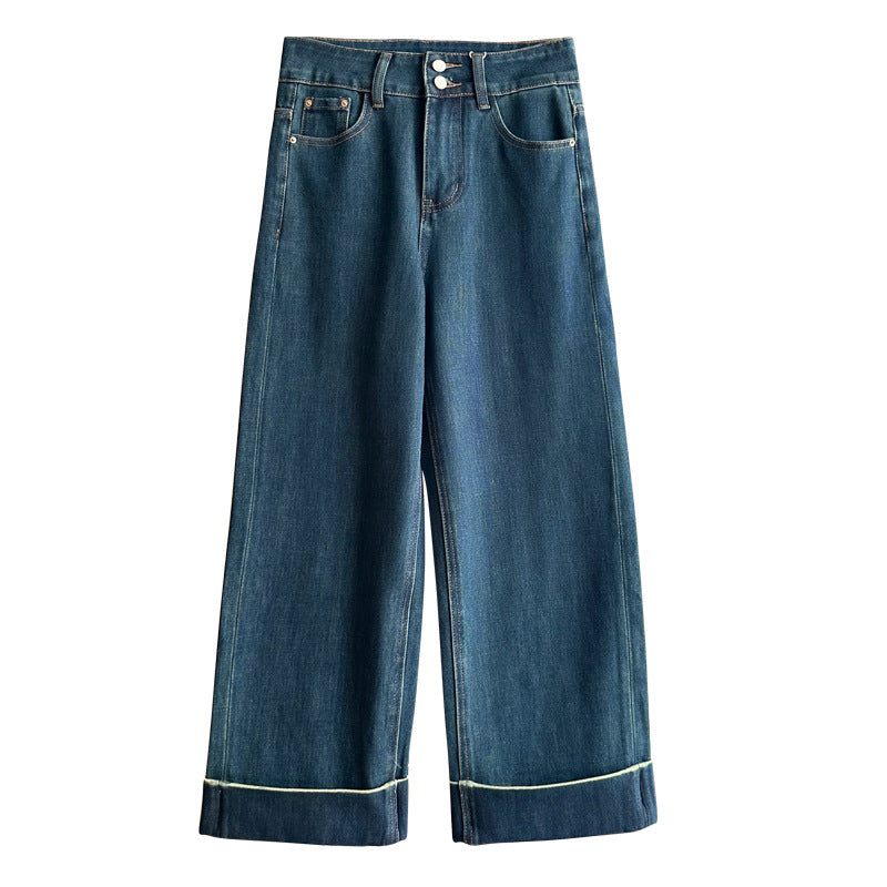 Over The Screen Straight-Leg Pants! Cuffed Contrasting Retro Blue Straight Jeans For Women, Nine-Point Slightly Loose Narrow Wide-Leg Pants