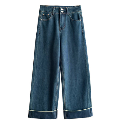 Over The Screen Straight-Leg Pants! Cuffed Contrasting Retro Blue Straight Jeans For Women, Nine-Point Slightly Loose Narrow Wide-Leg Pants