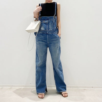 In Stock 2024 Spring And Summer Women's Jeans Suspender Pants Foot Split Straight Cylinder Suspender Pants Vintage Multi-Pocket Cock Pants
