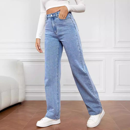 New Amazon Aliexpress Cross-Border European And American Women's Jeans Women's High-Waist Slim Straight Denim Trousers Hot Style