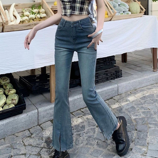 [Lightning Warehouse] Retro Micro-Flared Design Niche Slimming Look Jeans Women's Slim Stretch Nine-Point Pants Ins Trendy People
