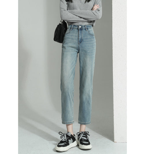 Straight-Leg-Leg Jeans For Women 2025 Early Spring New Hot Style High-Waisted Loose Slimming Look Straight Nine-Point Narrow Cigarette Pipe Pants