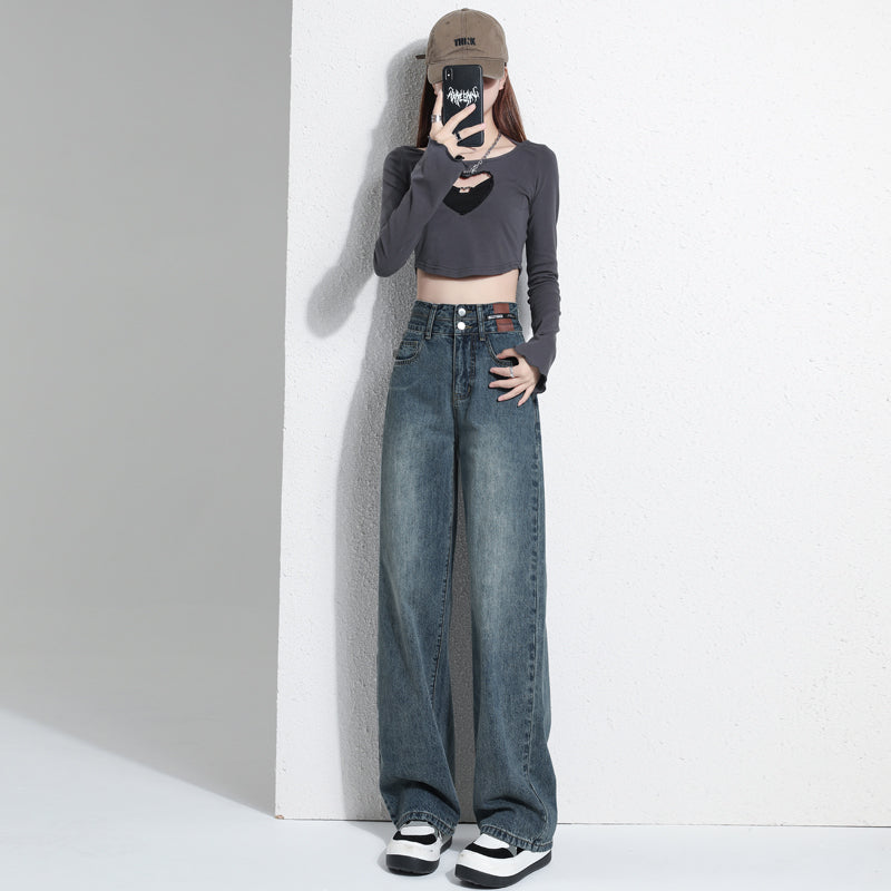Hong Kong Style Trendy Jeans Women's Spring Summer Autumn New High Waist Wide Leg Narrow Straight Pants Slim Look High Leg Long All-match