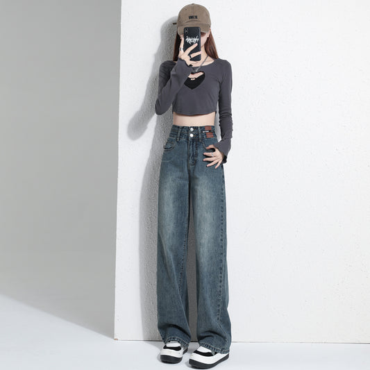 Hong Kong Style Trendy Jeans Women's Spring Summer Autumn New High Waist Wide Leg Narrow Straight Pants Slim Look High Leg Long All-match
