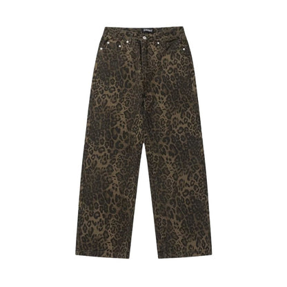2023 New Original American Retro Leopard Print Jeans Straight Loose Men's And Women's Autumn And Winter Trendy Leopard Print Casual Pants