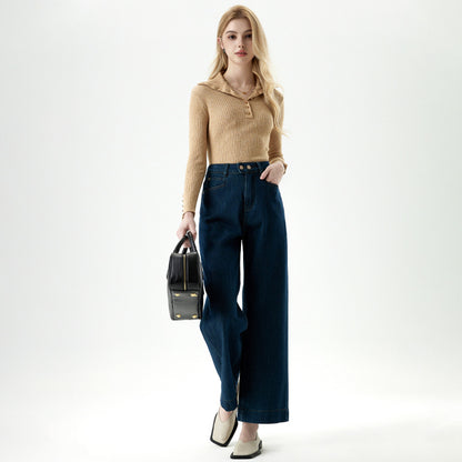 Ji Also Four-sided Two-button High-waist Wide-leg Jeans Women's 2025 Spring New Loose Straight Pants