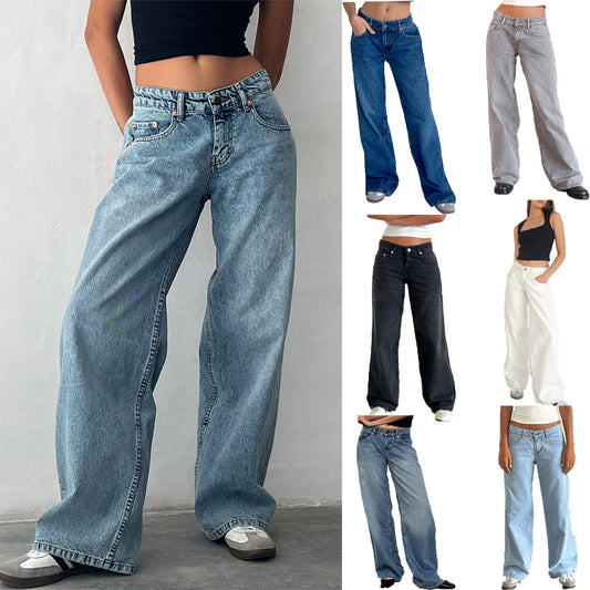 American Style Retro Low Waist Non-Elastic Washed Straight Jeans Women's Autumn New Street Wide Leg Denim Women's Pants