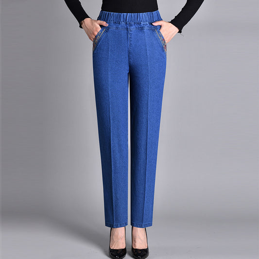 Spring And Summer Thin Jeans Women's Loose Elastic Waist Elastic Mom Casual High Waist Middle-aged And Elderly Fleece-lined Dark Women's Pants