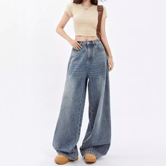 American Style Lazy Wide Leg Jeans Women's Autumn 2024 New High Waist Loose Slimming Straight Pants