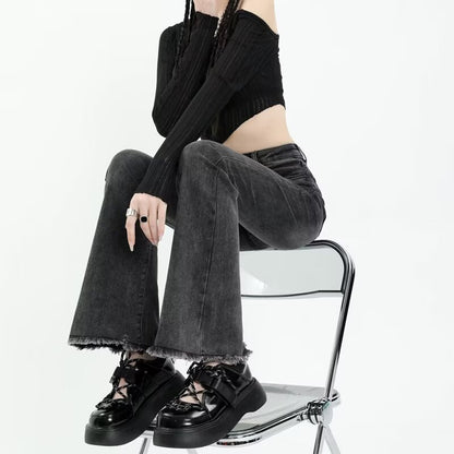 Black And Gray Raw Edge Bootcut Jeans For Women In Spring & Fall Guangzhou Supply High Waist Slimming Look Large Size Elastic Flared Horseshoe Pants