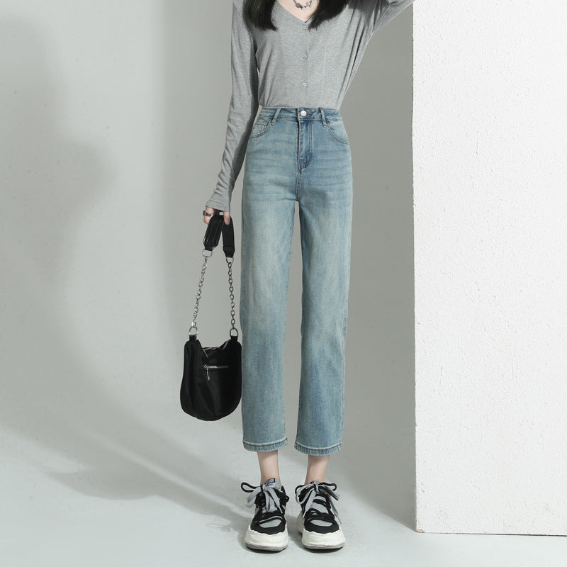 Straight-Leg-Leg Jeans For Women 2025 Early Spring New Hot Style High-Waisted Loose Slimming Look Straight Nine-Point Narrow Cigarette Pipe Pants